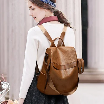 

Elegant Ladies Backpack Classic Fashion Design Soft Pu Leather Female Backpack Wear Waterproof Lightweight Casual Student Bag