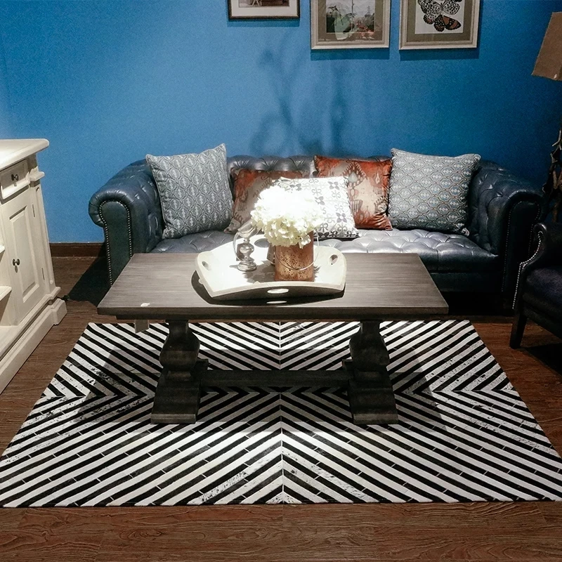 Роскошный Ковер в черно-белую полоску из воловьей кожи, ковер из натурального воловьей кожи для гостиной, декоративный ковер для офиса