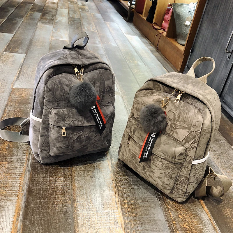 

2018 new gold velvet backpack fluffy ball backpack bag
