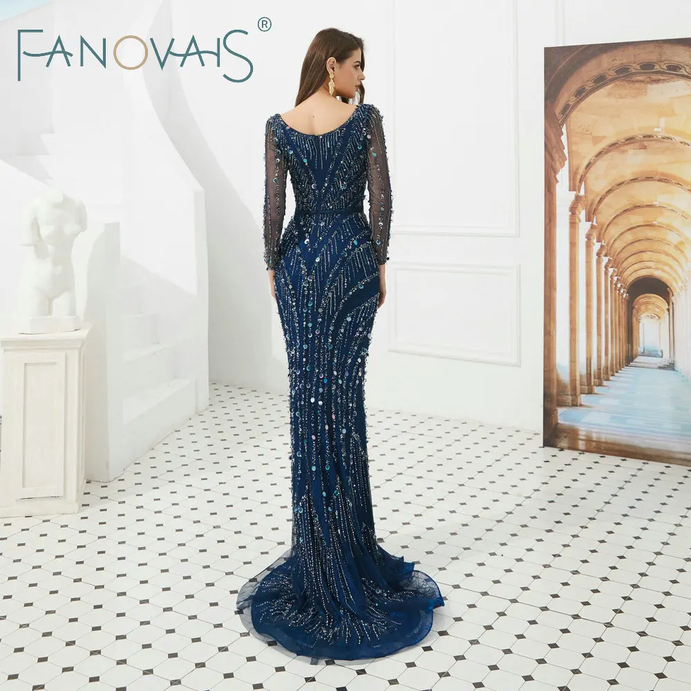 Темно-синие вечерние платья одежда с длинным рукавом с v-образным вырезом платья для выпускного вечера De Festia 2019 халат вечер элегантные