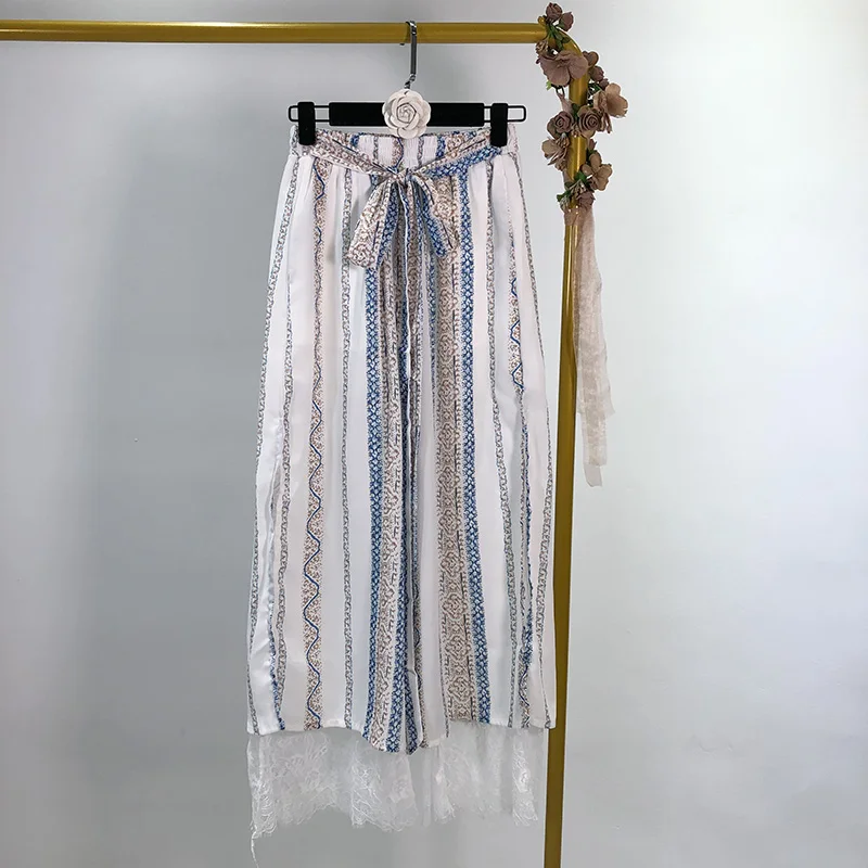 

Goddess high waist print stitching lace wide leg holiday style casual thin section pants