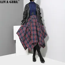 LIVA GIRL, новинка, Осень-зима, высокая талия, красная, в клетку, с разрезом, свободная, с большим подолом, полубоди, юбка, женская, модная, универсальная