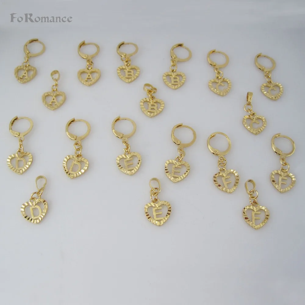 

/FoRomance- HIGH QUALITY GOLD GP OVERLAY 26 LETTERS FROM A TO T HEART LINE CARVED PENDANT 18" WATER WAVE NECKLACE EARRING SET