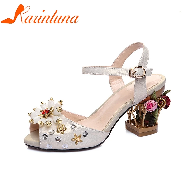 

KARINLUNA 2018 Summer Brand Design Sweet Genuine Leather Women Sandals Big Size 34-43 Strange Heels Shoes Woman Party Wedding