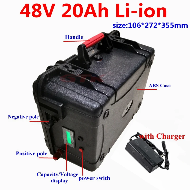 

Waterproof 48v 20Ah lithium ion battery pack with bms 13s for 48v fishing boat solar panel inverter ebike motor+54.6v 5A Charger