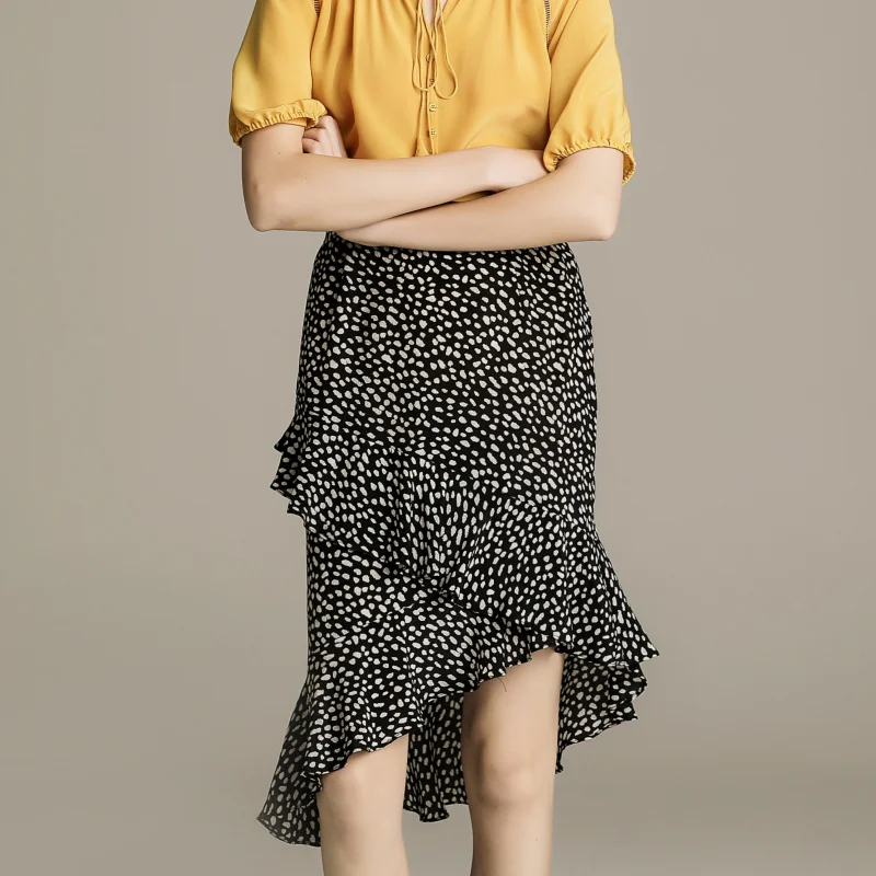 

Summer Real Silk Skirt 100% Mulberry Silk Print Dot Ruffles Slim Hip Skirts M L XL FREE SHIPPING
