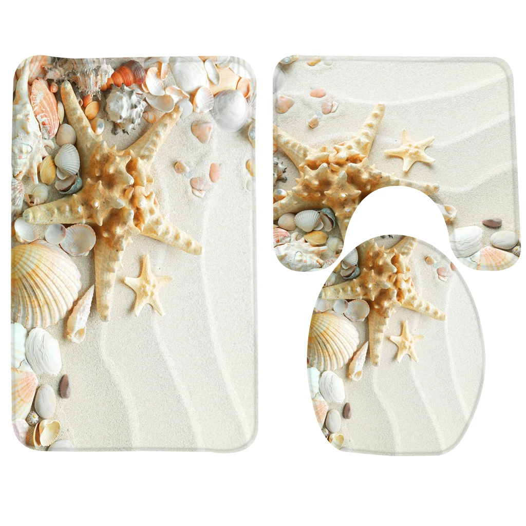 

Bathroom Mat Set 3pcs Beach Seashell Starfish Pattern Bath Mat Non Slip Bathroom Carpet and Toilet Mat Set
