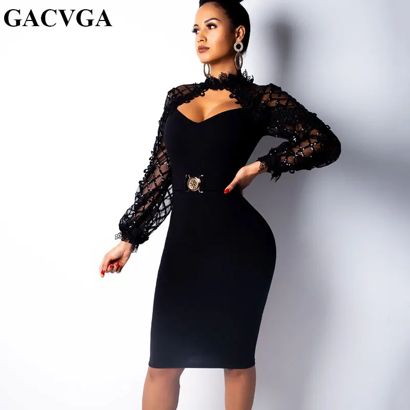 

GACVGA 2019 Lace Patchwork Black Summer Dress Stand Skinny Sexy Bodycon Party Dresses Vestidos Office Women Autumn Dress