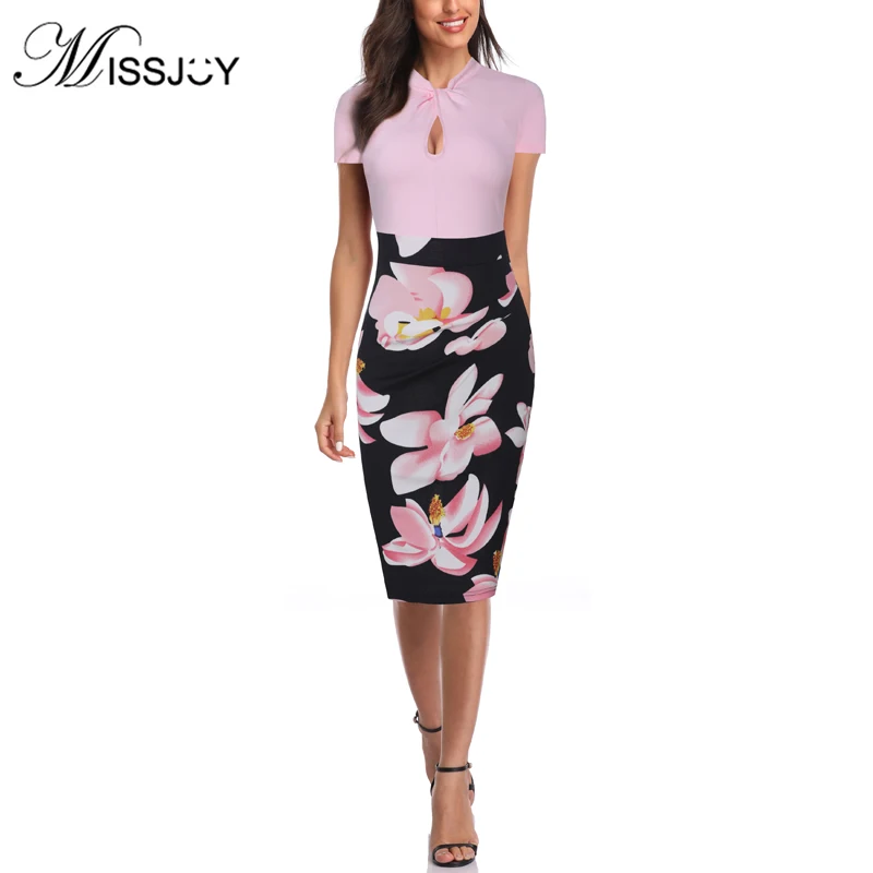 

MISSJOY Women Work Office Floral Print Knot Summer 2019 Patchwork Short Sleeves Midi Slim Bodycon Vintage Lady Sexy Party Dress