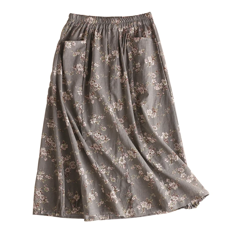 Mujeres Del Todo Elástico Lino Las De gris Vestido Cómodo Floral Faldas Oscuro fósforo Impresión Verano Marrón EqATtn