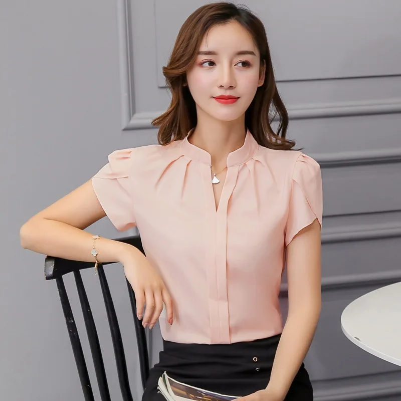Women V Neck Chiffon Blouse Short Sleeve Solid Color Shirt Large Sizes Bodycon Elegant Ladies Autumn Fashion Shirt