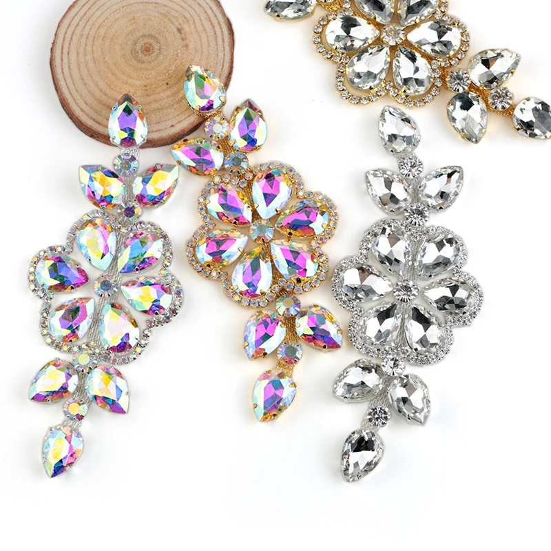 

QIAO 5.5x13cm 4C Glass Rhinestone Applique Accessory Sew On Crystals Stones for Clothes Wedding decoration art crafts