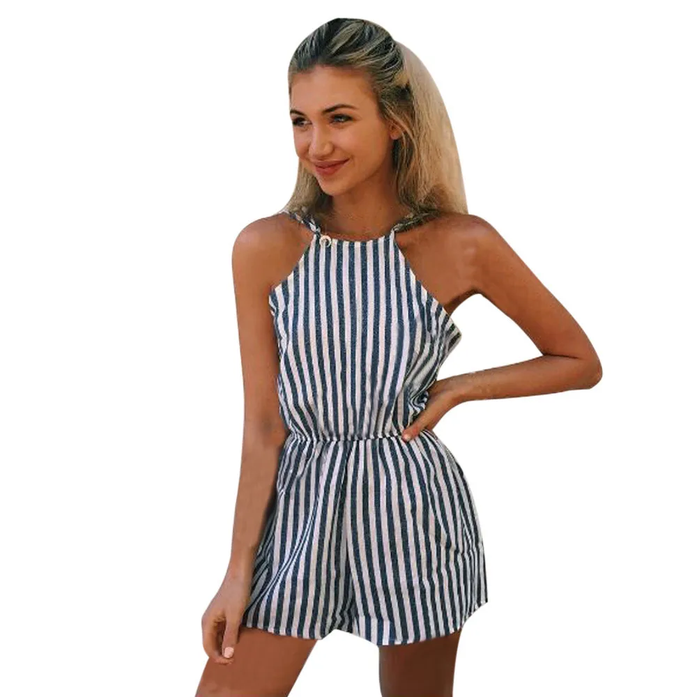 

Summer 2019 Women Rompers Playsuit Short Jumpsuit Striped Halter Sleeveless Knit High Waist Jumpsuit Overalls Roupas Feminina