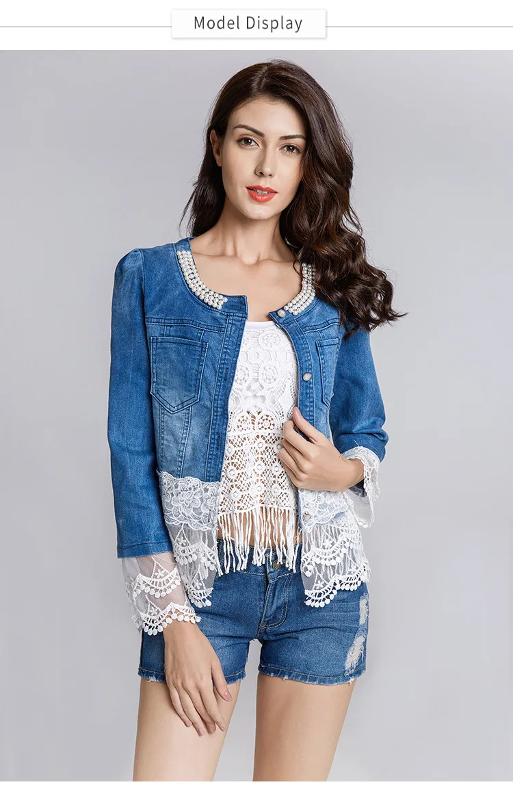Günstige 2019 neue Jeans Jacke Frauen Casacos Feminino Dünne Spitze Patchwork Perlen Denim Dame Elegante Vintage Jacken Mantel DropshipWWJ084
