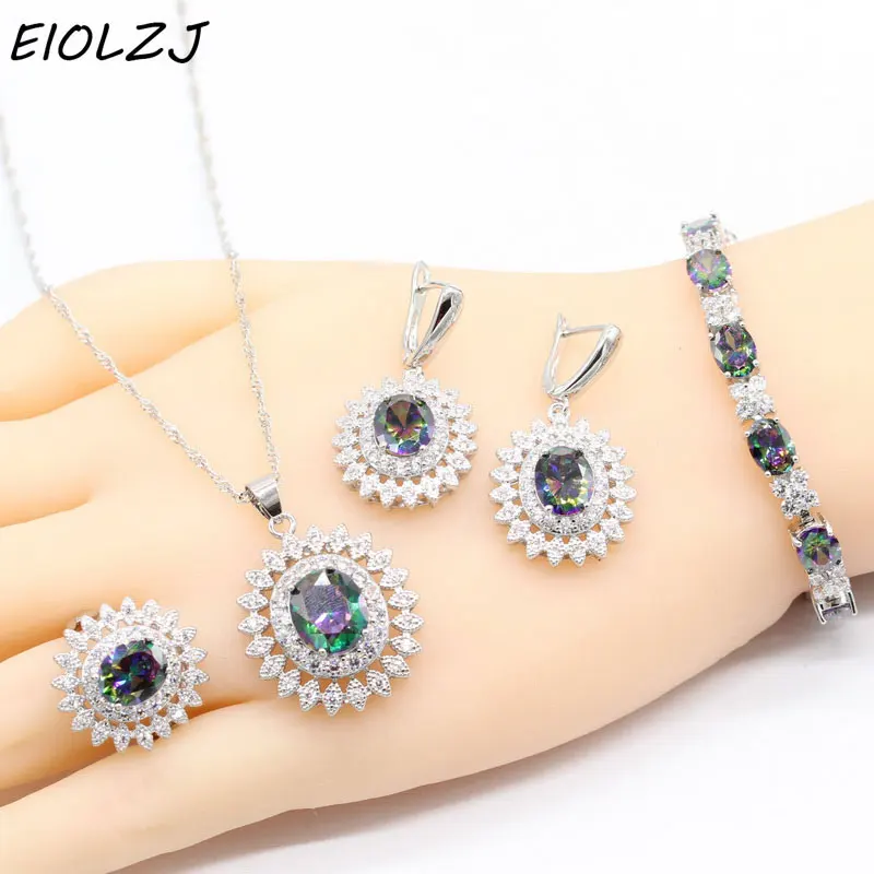 

Silver 925 Jewelry Sets For Women's Anniversary Big Flower Multicolor Crystal Earring Set Necklace Ring Drop Earrings Bracelet