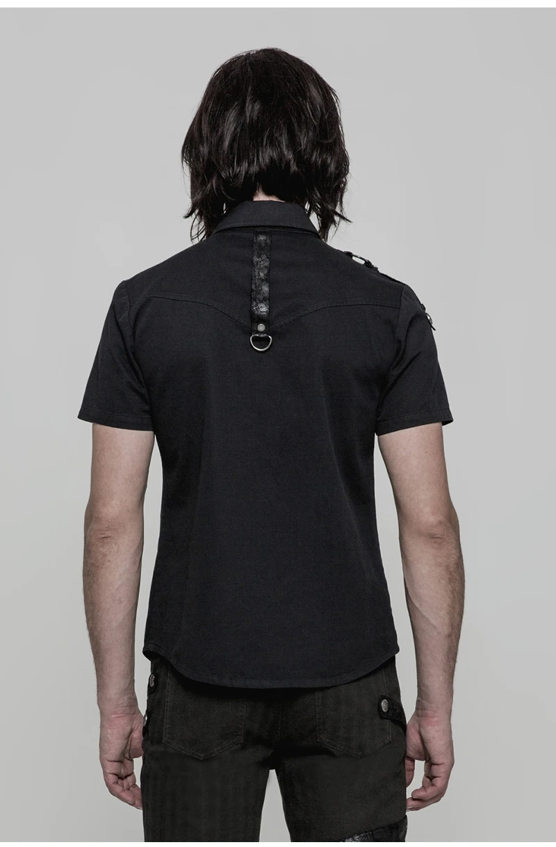 Панк РЕЙВ панк рок PU кожа плечо с коротким рукавом мужские джинсовые рубашки металлическая пряжка неэластичный твил блузки черная одежда