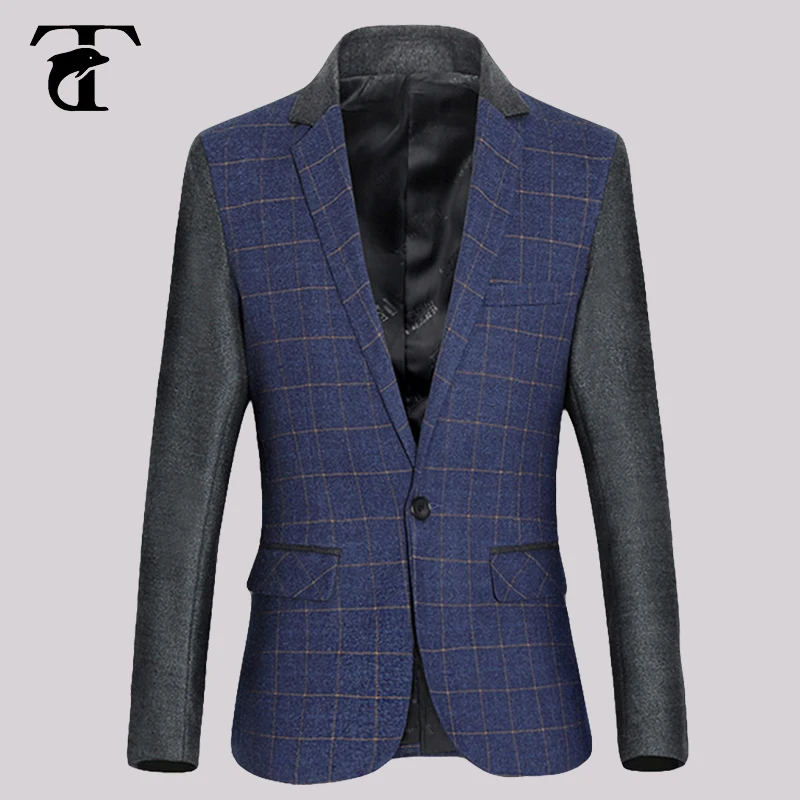

2016 New Style Plaid Men Blazer Designs Single Breasted Long Sleeve Fashion Patchwork Printed Casual Slim Black Men's Suits