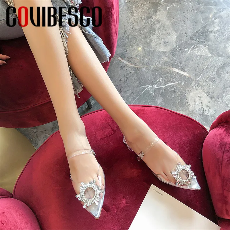 

COVIBESCO 2019 Summer New Fashion Pu Leather Buckle Women Sandals Elegant Pointed Toe Low Heels Party Prom Wedding Shoes Woman