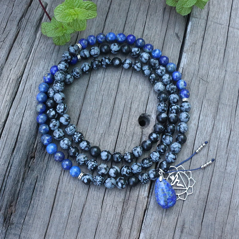 8mm Natural Stone Beads, Lapis,Snowflake Obsidian,Chakra,JapaMala Sets,Spiritual Jewelry,Meditation,Inspirational,108 Mala Beads
