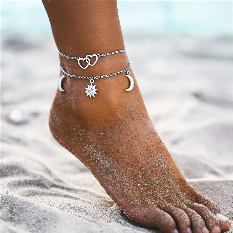 Boho Лето океан пляжные браслеты на ногу для женщин многослойный земля Сердце Луна Звезда Дельфин Черепаха Морская звезда ананас лодыжки браслет