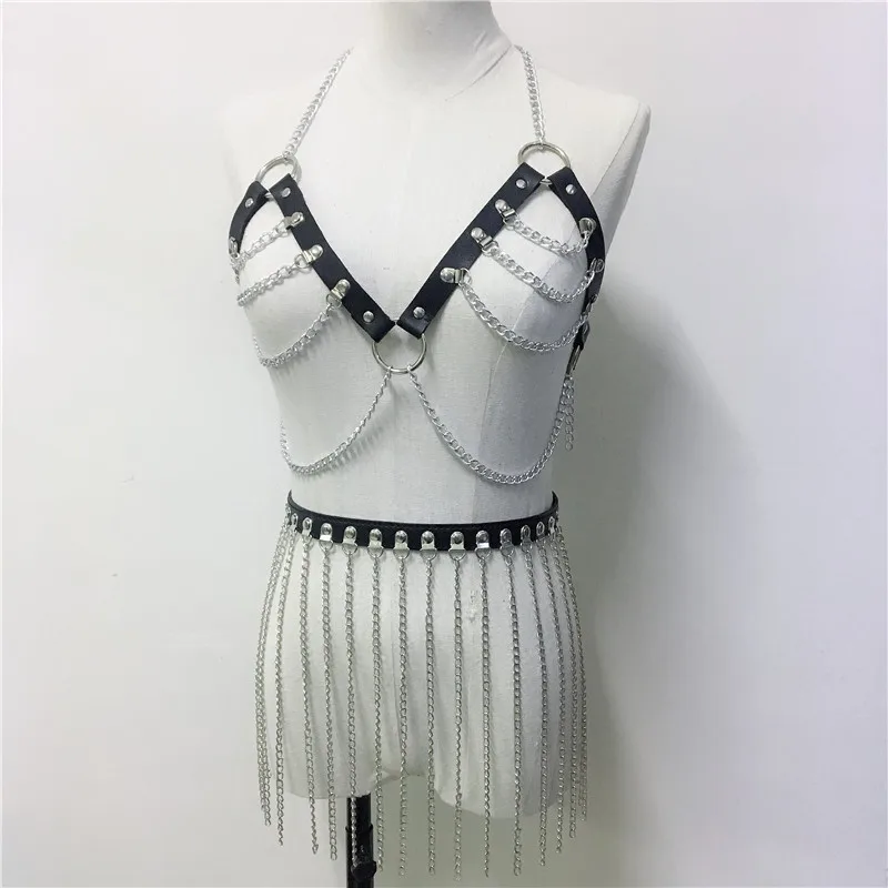 

Handmade PU Leather Link Chains Two 2 Piece Set Women Halter Hollow Out Crop Top Long Tassels Mini Skirt Set Rave Party Outfits