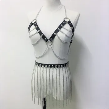 

Handmade PU Leather Link Chains Two 2 Piece Set Women Halter Hollow Out Crop Top Long Tassels Mini Skirt Set Rave Party Outfits