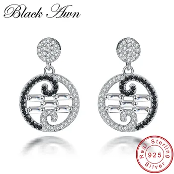 

[BLACK AWN] Noble 100% 925 Sterling Silver Classic Jewelry Stud Earrings for Women Female Black Spinel Stone Earring T169