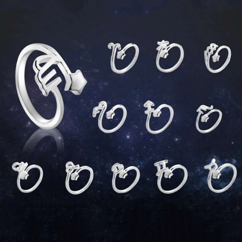 

New LNRRABC Classic Silver Color Twelve Constellations Rings Stainless Steel Jewelry Women Open Ring Anillos Gift Jewellery