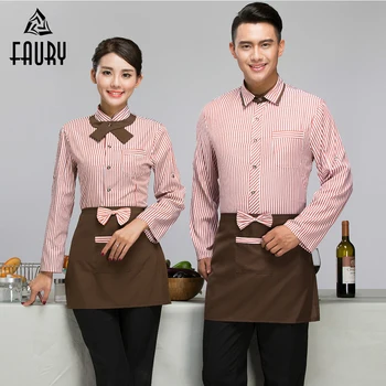 

2018 Men Women Work Wear Uniforms Hotel Bakery Cake Shop Cafe Waiter Waitress Uniforms Long Sleeve Striped Single Breasted Coat