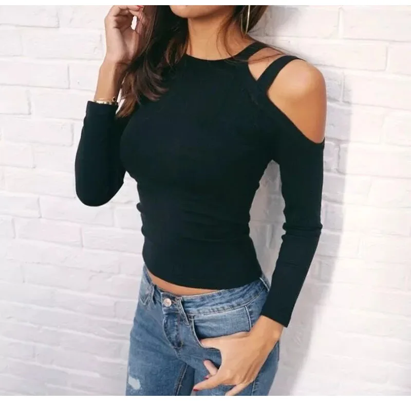 Женская сексуальная Трикотажная хлопковая облегающая Повседневная футболка с длинным рукавом, черная футболка с открытыми плечами, модные женские рубашки с круглым вырезом