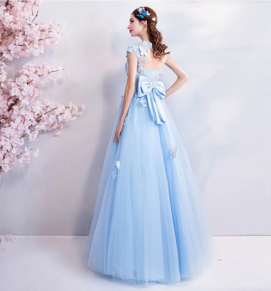 Walk Beside You Tulle Prom Dresses Blue Lace Appliques Beading A-line Long Vestidos De Graduacion Butterfly Evening Gowns Stock
