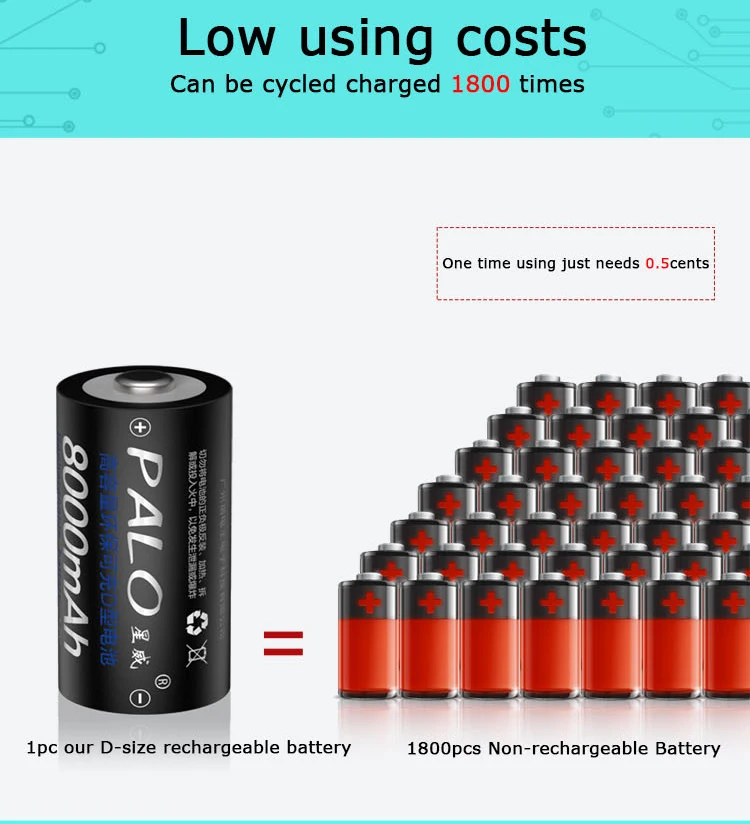 PALO 2~ 8 шт 8000 mAh 1,2 V D Размер аккумуляторные батареи для вспышки светильник газовая плита радио холодильник с чехол батареи