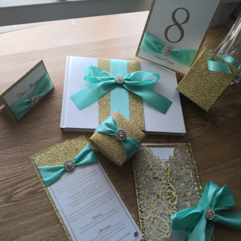  Personalized menu invitation table number place card gold glitter With ribbon and brooch luxury set - 33013154841