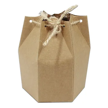 

6*12*14.5cm Gift Packaging Paper Box Vintage Brown Kraft Party Box Natural Craft Hexagonal Box For Bakery Cookie With Hemp Rope