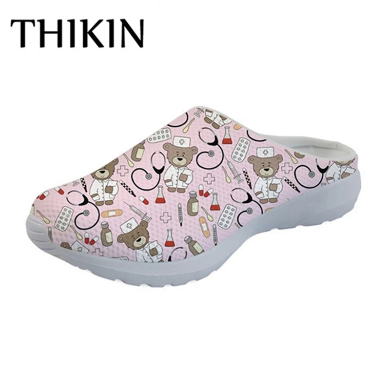 

THIKIN Nurse Printed Women Walking Shoes Casual Flats Shoes for Girls Summer Fashion Slip-on Shoes Breathable Mesh Slippers