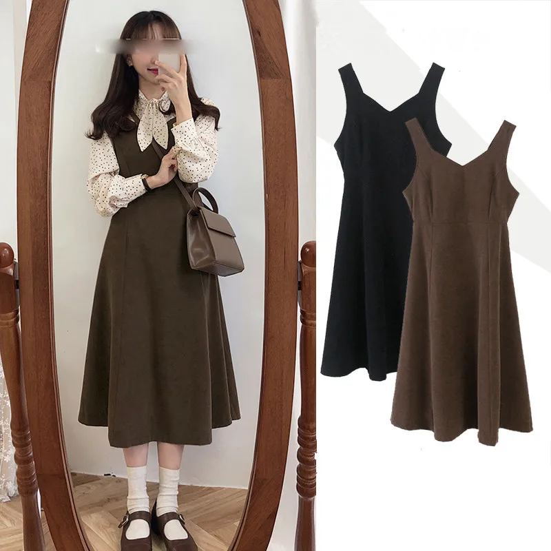 

2019 Spring preppy style Vintage woolen spaghetti strap dress hihg waist women slim a-line dress