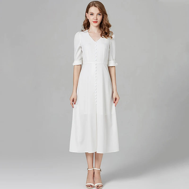

New Women Office White Summer Dress Simple Elegant Beach Party Dress Solid Casual Style Dress
