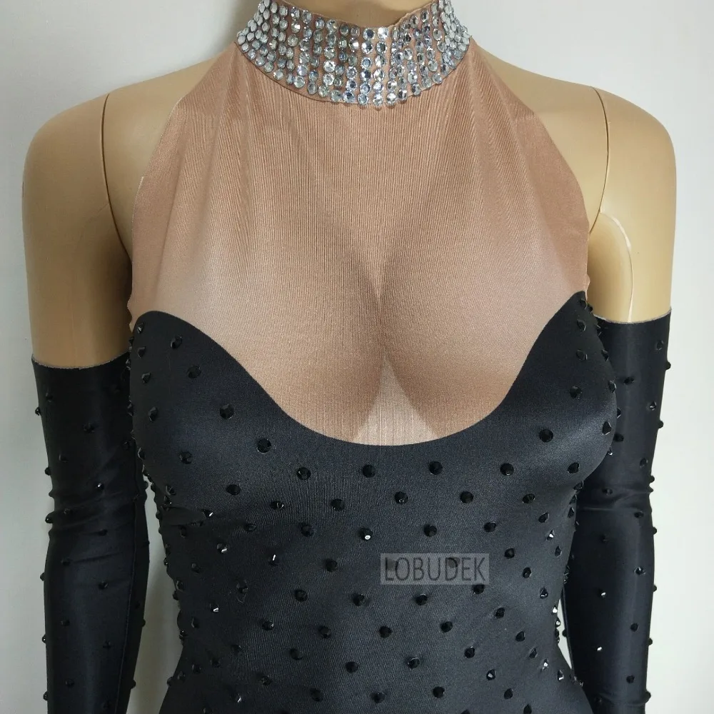 Negro completo diamantes de imitación del paquete de la cadera vestido fiesta de una pieza vestido de discoteca DJ cantante anfitrión rendimiento traje - 6