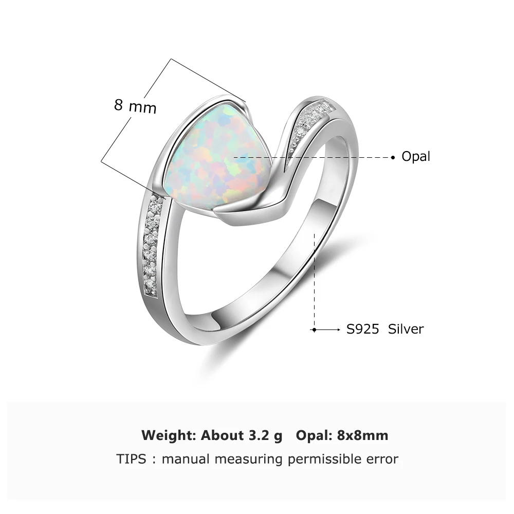 100% стерлингового серебра 925 кольцо с Треугольники белый опал камень Для женщин перстни Размеры 6 7 8 кубический цирконий, ювелирные (RI103418)
