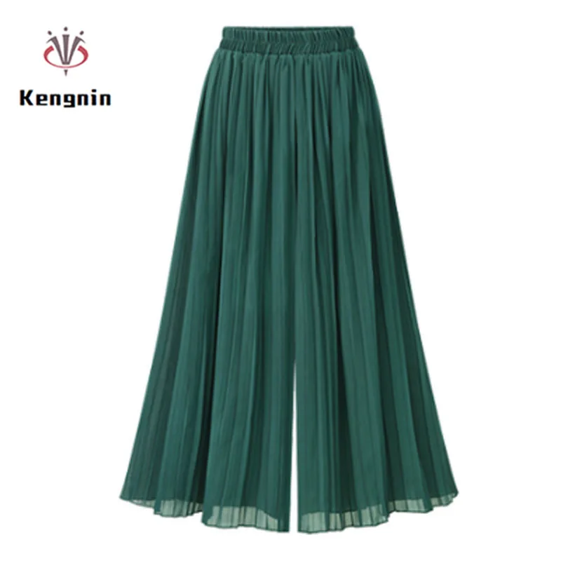 

2019 Summer European Style Plus Size 5XL Pleated Women Wide Leg Pants Loose Chiffon Anklet Length Pant Elastic Waist Trousers