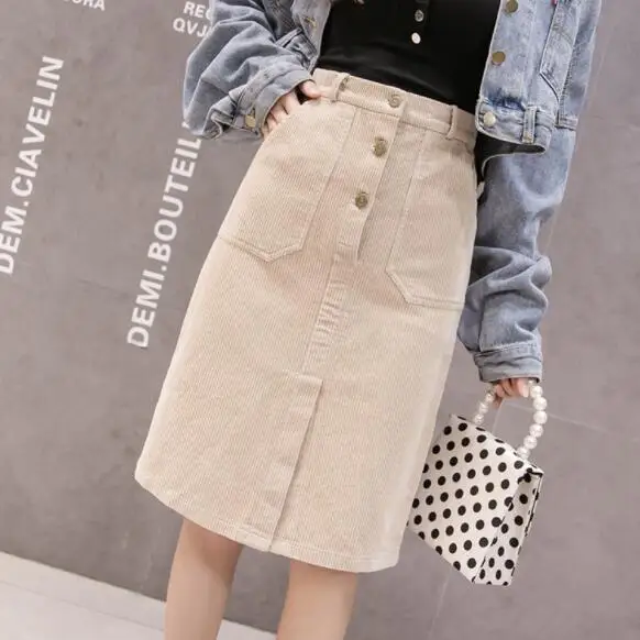 

Elegant Corduroy Skirts Womens High Waist Button Midi Skirt Plus Size Harajuku Ladies saia jupe femme DV805