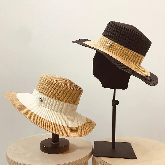 

3pcs/lot 01902-xu Summer Export to Japan Elegant pearl striped wind brim straw lady fedoras hat sunscreen women leisure cap