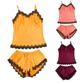 

Women Summer Sexy Satin Faux Silk Two Piece Pajamas Set Deep V-Neck Eyelash Floral Lace Tank Top Drawstring Wide Leg Loose Short