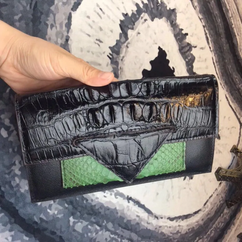 

Patchwork Designer Genuine Crocodile Leather Snakeskin Hasp Closure Lady Long Clutch Wallet Female Women Large Card Holder Purse
