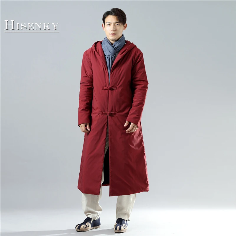 

Hisenky 2018 Men's Winter Parkas Chinese Style Ethnic Windbreaker Long Warm Trenchcoat Casual Hooded Cotton-Padded Dust Coat