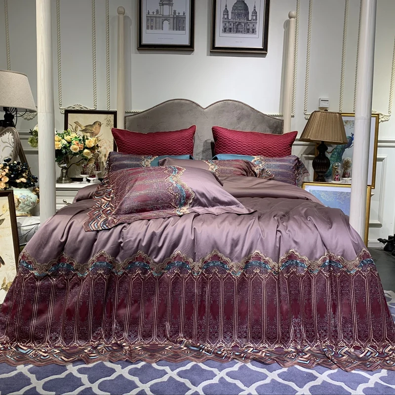 

New Luxury 100S Egyptian Cotton Lace Bedding Set Comfortable Brown Purple Blue Duvet Cover Bed Linen Bed sheet Pillowcases 4pcs
