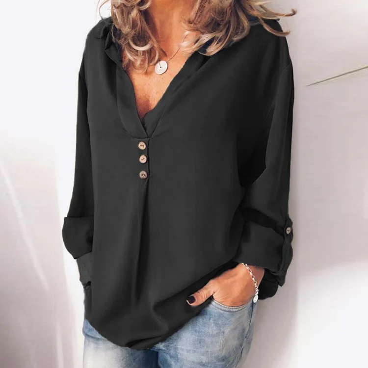ELSVIOS, 5XL размера плюс, Женская туника, рубашка, осень, длинный рукав, кнопка, v-образный вырез, женские блузки и топы, летняя однотонная Повседневная Блузка - Цвет: Black