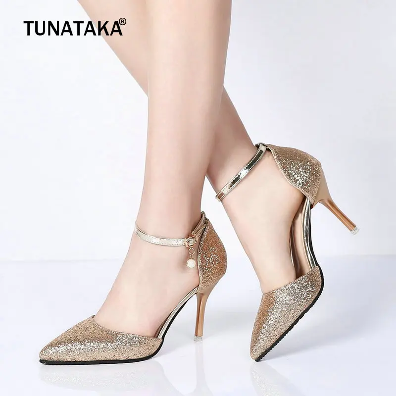 

Women's Summer High Heels Fashion Sequined Pumps Sexy Pointed Toe Buckle Party Shoes Gold Silver Black Size 34-43