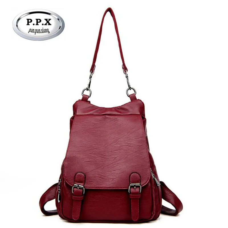 

P.P.X Korean Waterproof Backpacks Anti Theft PU Leather Travelling Bag Simple Joker Women's Backpack Soft Surface Bag M418