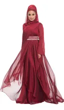 A Line Long Sleeve Modest Hijab Muslim Evening Dress Burgundy Chiffon Crystal Beaded Belt Long Formal Gown